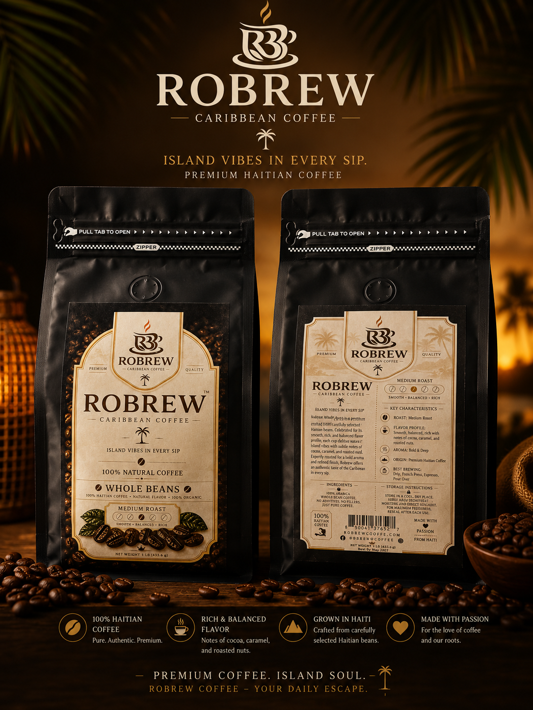 ROBREW Whole Beans – Medium Roast – 16 oz Premium Haitian Coffee