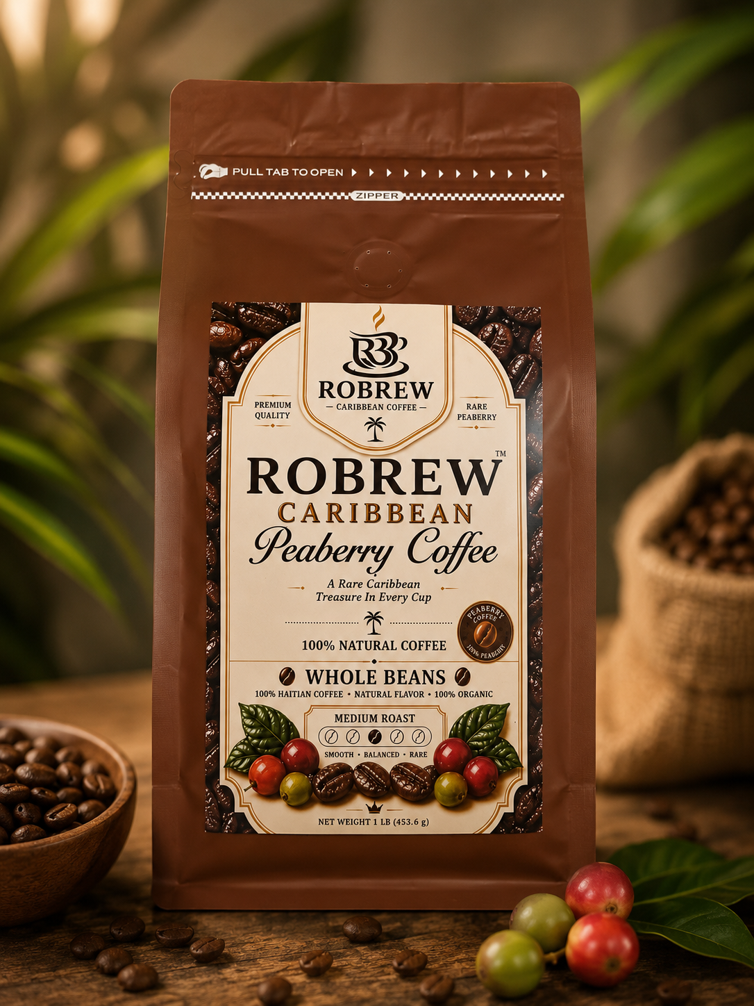 ROBREW Caribbean Peaberry Coffee – Rare Haitian Whole Bean Coffee (16 Oz