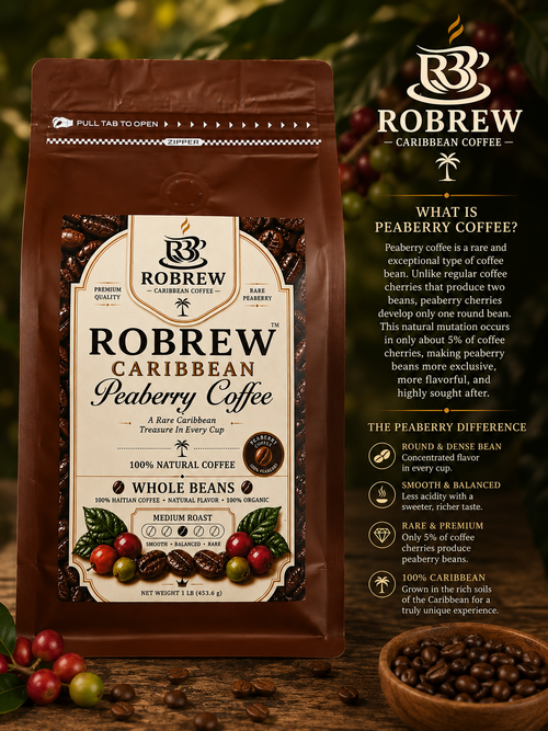 ROBREW Caribbean Peaberry Coffee – Rare Haitian Whole Bean Coffee (16 Oz